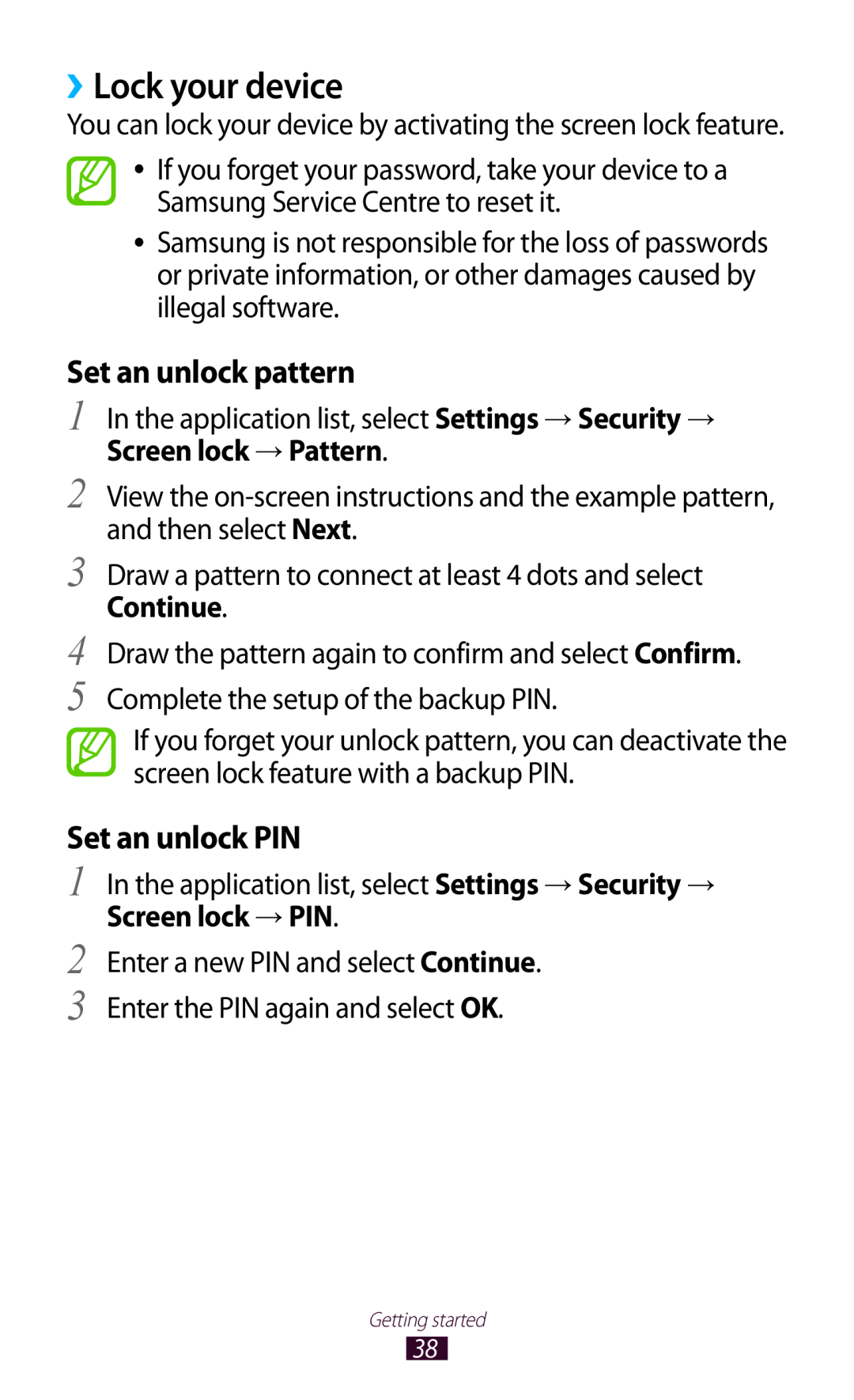 Samsung GT-S7560UWAPHE, GT-S7560ZKAVDR, GT-S7560ZKAPRT manual ››Lock your device, Set an unlock pattern, Set an unlock PIN 