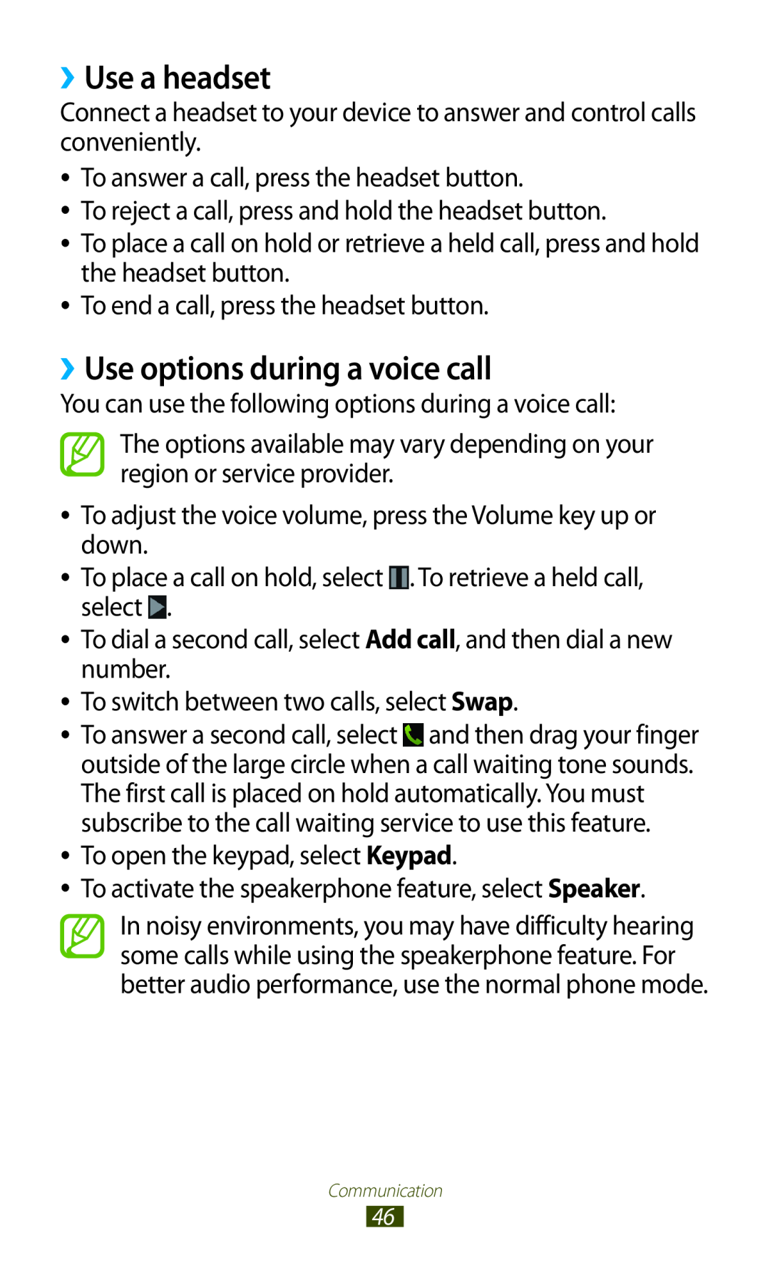 Samsung GT2S7560ZKATWO, GT-S7560ZKAVDR, GT-S7560ZKAPRT, GT-S7560UWAWIN ››Use a headset, ››Use options during a voice call 