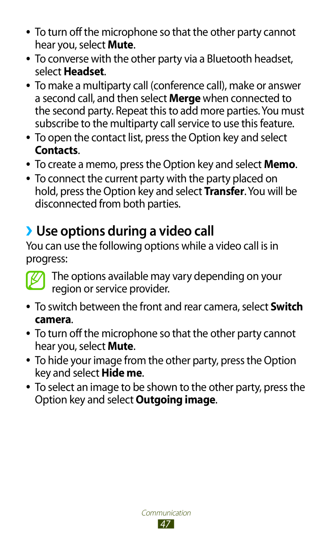 Samsung GT2S7560UWATWO, GT-S7560ZKAVDR, GT-S7560ZKAPRT, GT-S7560UWAWIN, GT-S7560UWAVDR manual ››Use options during a video call 