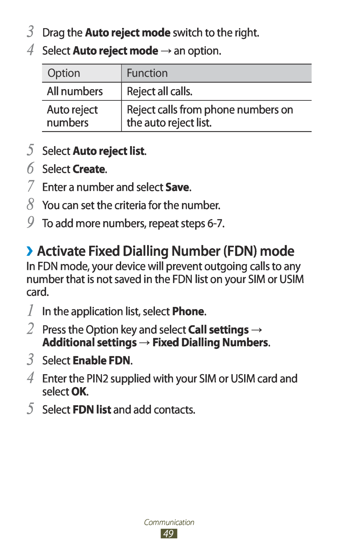 Samsung GT2S7560ZKAETL manual ››Activate Fixed Dialling Number FDN mode, Select Auto reject list, Select Enable FDN 
