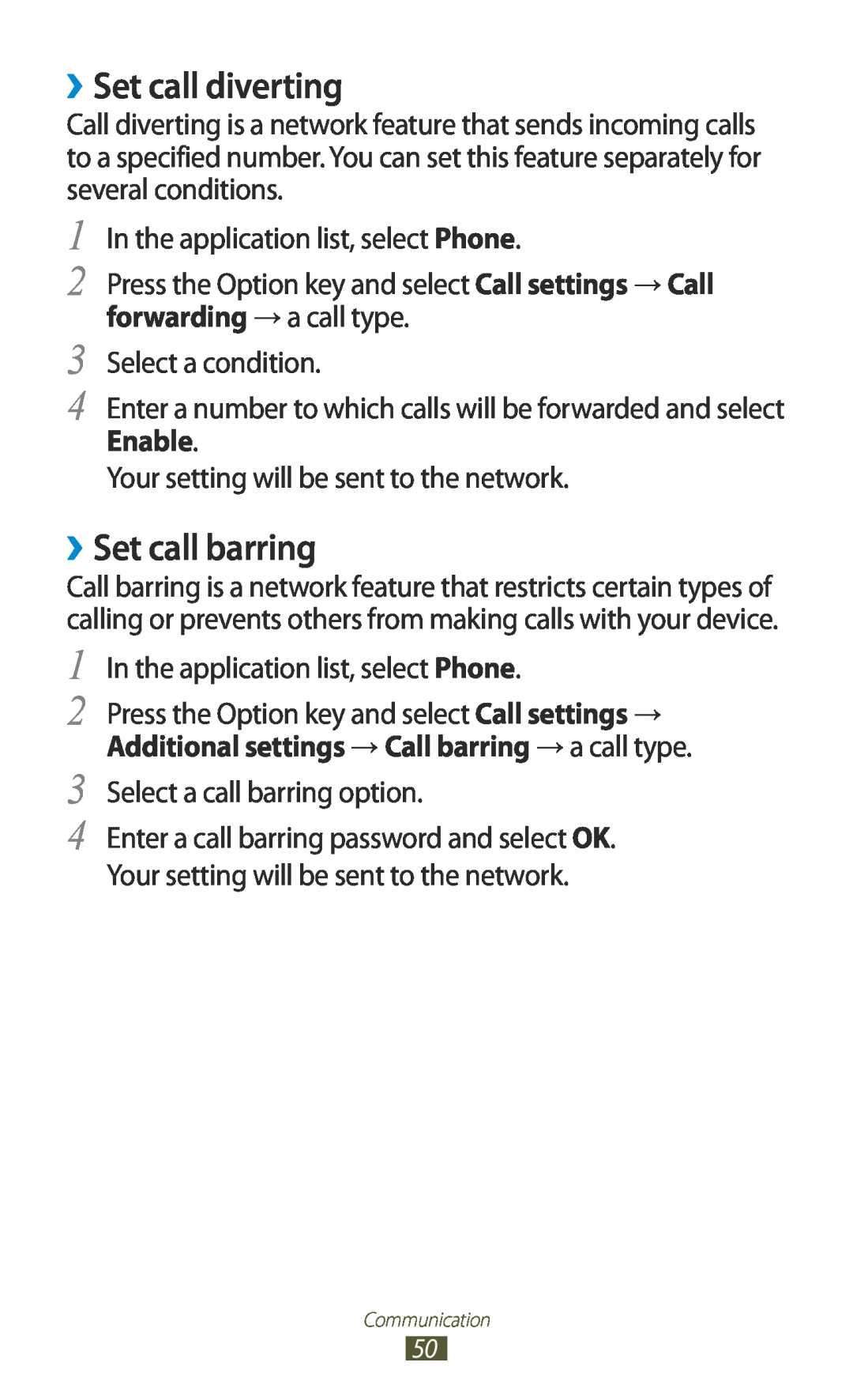 Samsung GT2S7560UWAETL manual ››Set call diverting, ››Set call barring, Additional settings → Call barring → a call type 