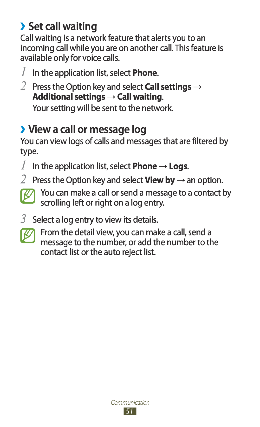 Samsung GT2S7560UWAO2C, GT-S7560ZKAVDR, GT-S7560ZKAPRT, GT-S7560UWAWIN manual ››Set call waiting, ››View a call or message log 