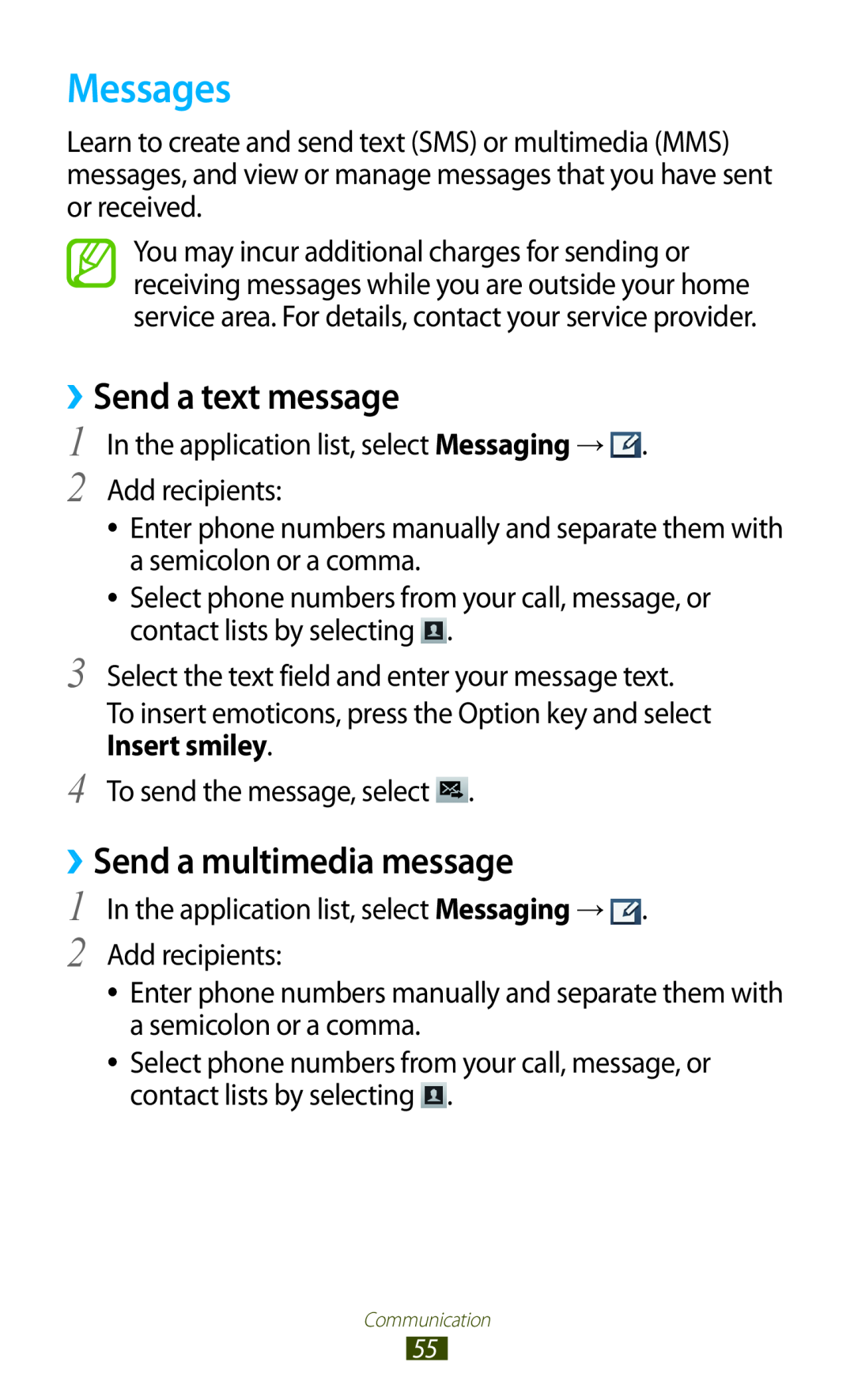 Samsung GT-S7560UWAO2C, GT-S7560ZKAVDR, GT-S7560ZKAPRT manual Messages, ››Send a text message, ››Send a multimedia message 