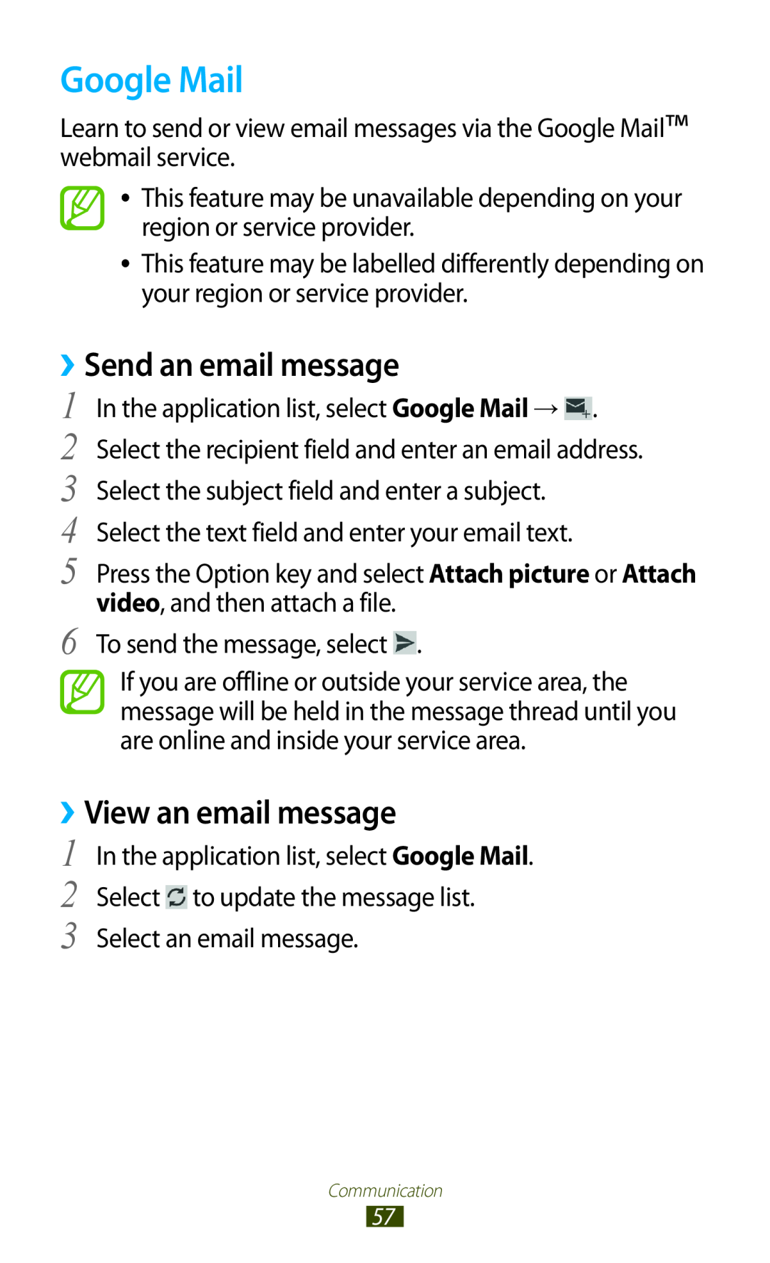 Samsung GT-S7560UWAETL, GT-S7560ZKAVDR, GT-S7560ZKAPRT manual Google Mail, Send an email message, ››View an email message 