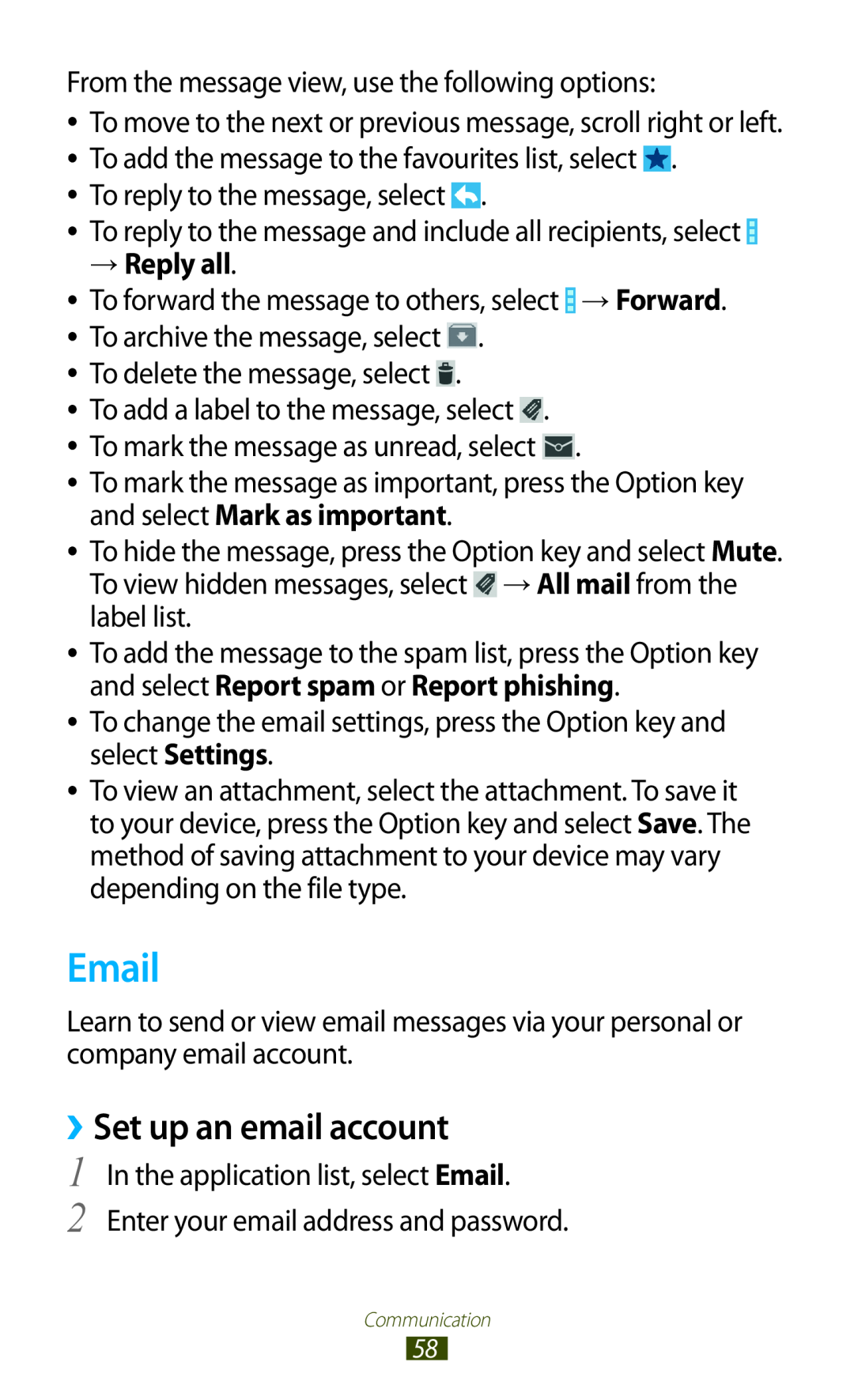 Samsung GT-S7560UWAXEO, GT-S7560ZKAVDR, GT-S7560ZKAPRT, GT-S7560UWAWIN, GT-S7560UWAVDR manual Email, ››Set up an email account 