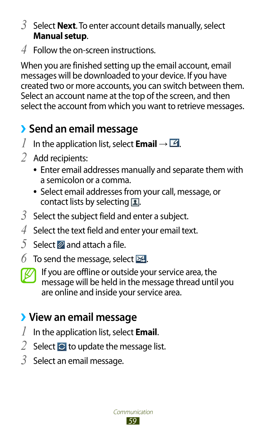 Samsung GT-S7560ZKAORX, GT-S7560ZKAVDR, GT-S7560ZKAPRT, GT-S7560UWAWIN manual ››Send an email message, ››View an email message 