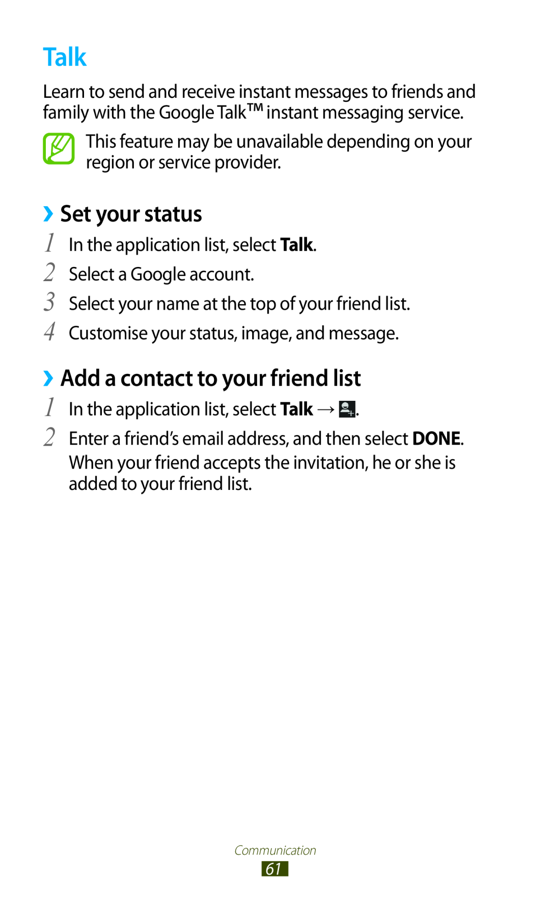 Samsung GT-S7560UWASEB, GT-S7560ZKAVDR, GT-S7560ZKAPRT manual Talk, ››Set your status, ››Add a contact to your friend list 