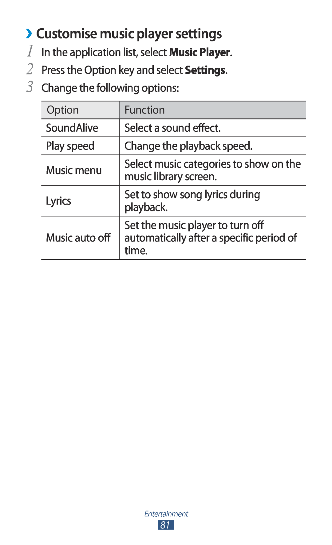 Samsung GT-S7560UWATCL, GT-S7560ZKAVDR manual ››Customise music player settings, automatically after a specific period of 