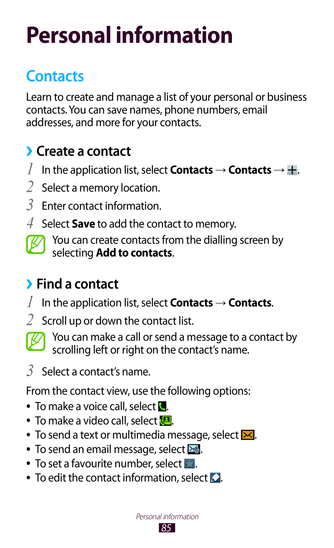Samsung GT-S7560ZKAPLS, GT-S7560ZKAVDR, GT-S7560ZKAPRT Personal information, Contacts, ››Create a contact, ››Find a contact 