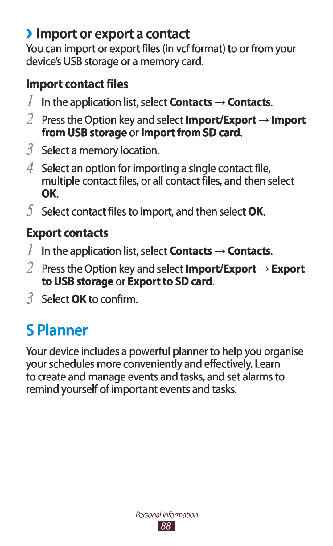 Samsung GT-S7560UWASFR, GT-S7560ZKAVDR manual S Planner, ››Import or export a contact, Import contact files, Export contacts 