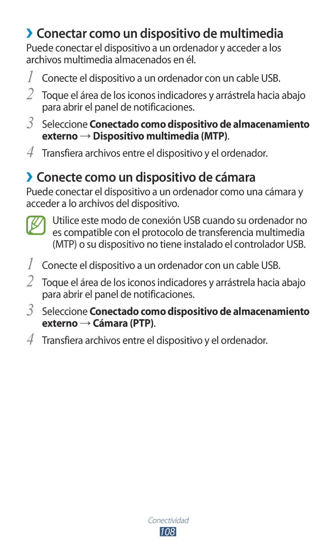 Samsung GT-S7560ZKAXEO manual ››Conectar como un dispositivo de multimedia, ››Conecte como un dispositivo de cámara 