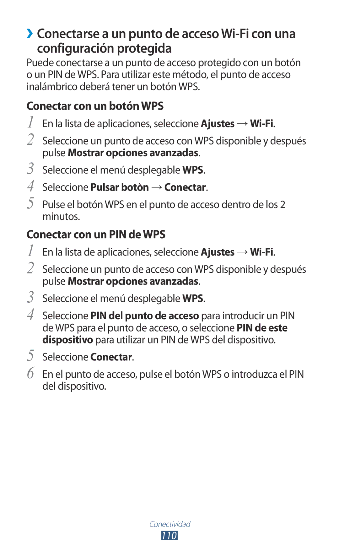 Samsung GT-S7560ZKAXEC manual Conectar con un botón WPS, Conectar con un PIN de WPS, Seleccione Pulsar botòn → Conectar 