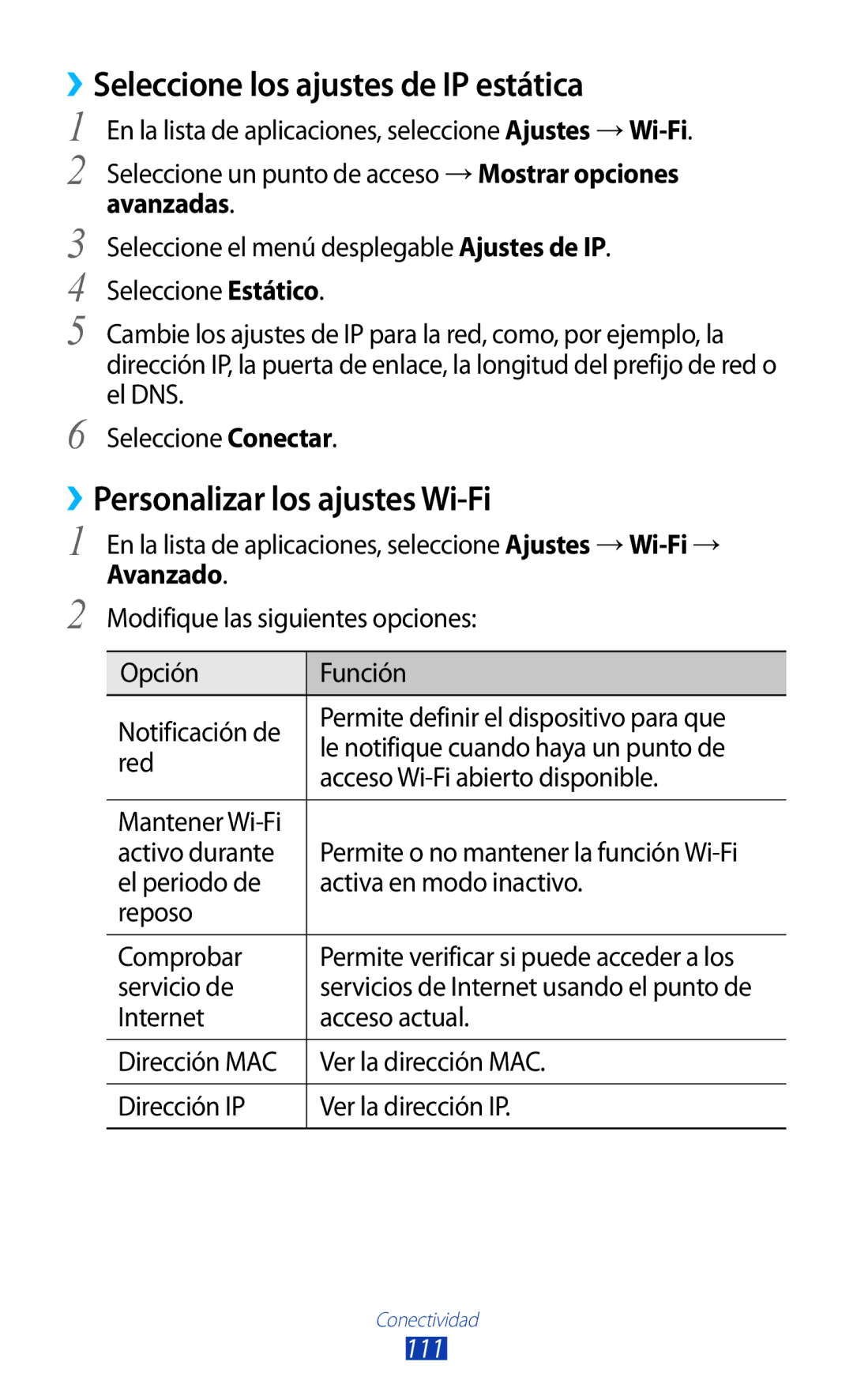 Samsung GT-S7560ZKASEB manual ››Seleccione los ajustes de IP estática, ››Personalizar los ajustes Wi-Fi, Servicio de 