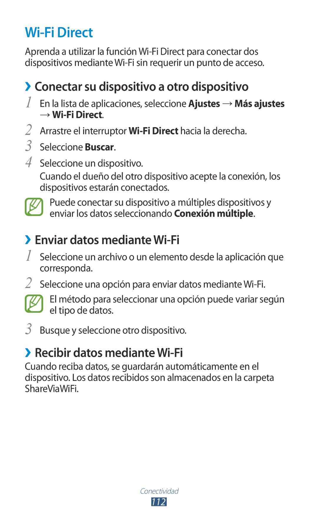 Samsung GT-S7560UWAXEC manual Wi-Fi Direct, ››Conectar su dispositivo a otro dispositivo, ››Enviar datos mediante Wi-Fi 