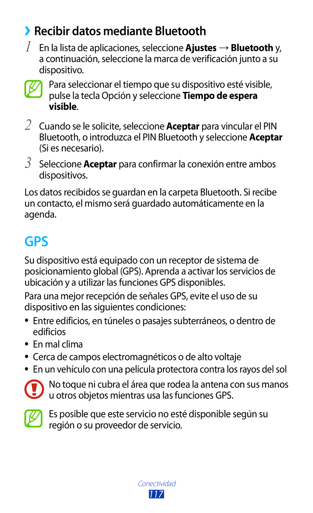 Samsung GT-S7560ZKAATL, GT-S7560ZKAXEO, GT-S7560UWATIM, GT-S7560ZKAXEC manual Gps, ››Recibir datos mediante Bluetooth 