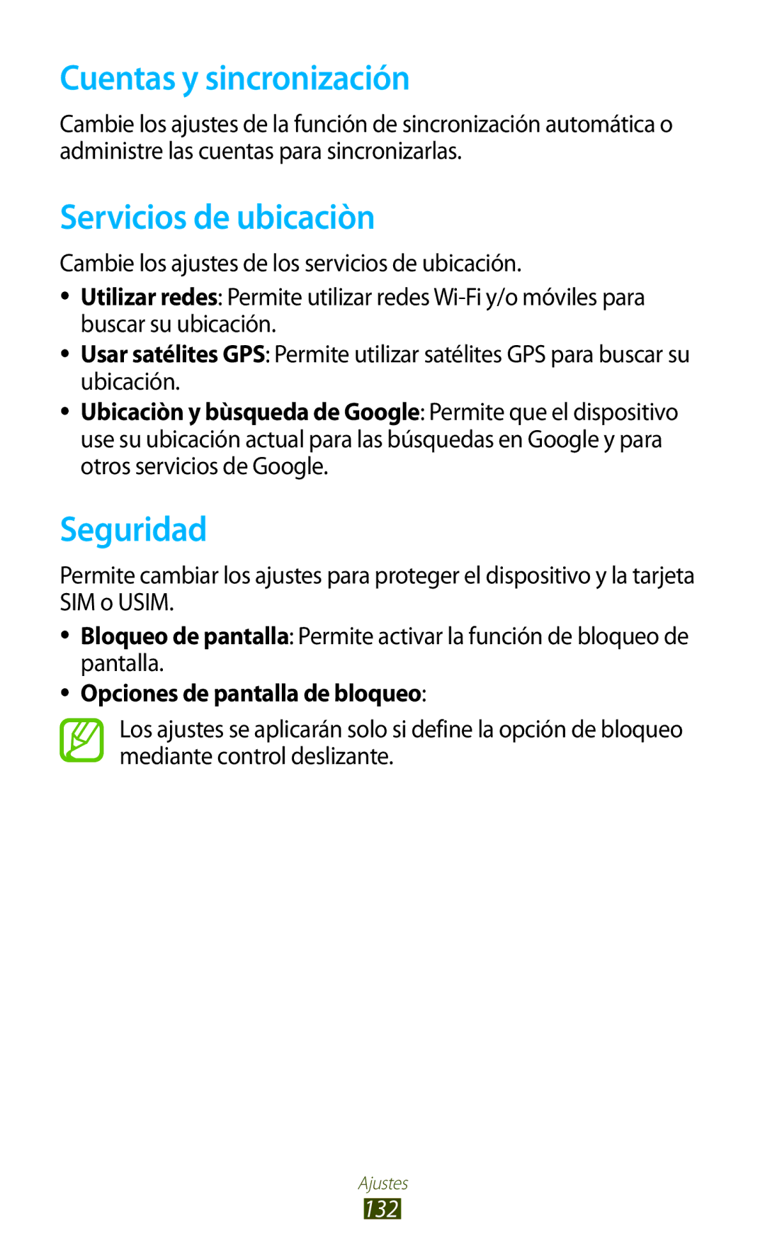 Samsung GT-S7560ZKAXEO manual Cuentas y sincronización, Servicios de ubicaciòn, Seguridad, Opciones de pantalla de bloqueo 