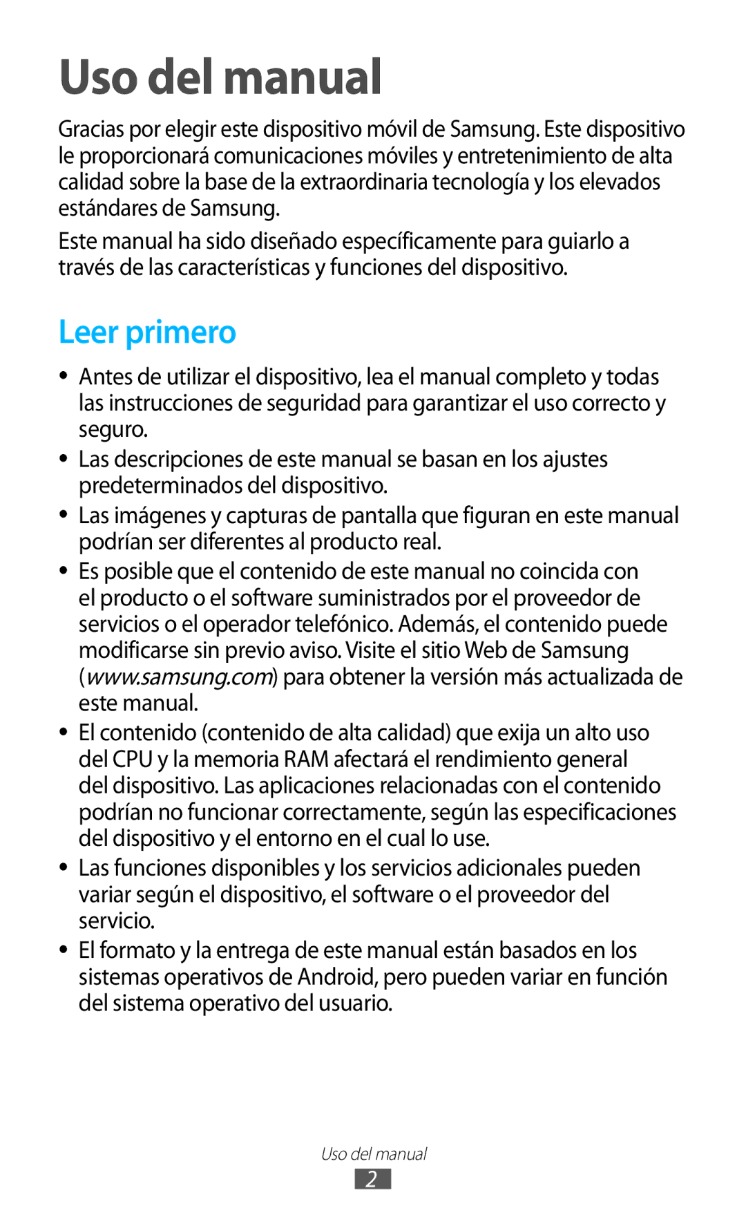 Samsung GT-S7560ZKAXEC, GT-S7560ZKAXEO, GT-S7560UWATIM, GT-S7560ZKASEB, GT-S7560UWAXEC Uso del manual, Leer primero 