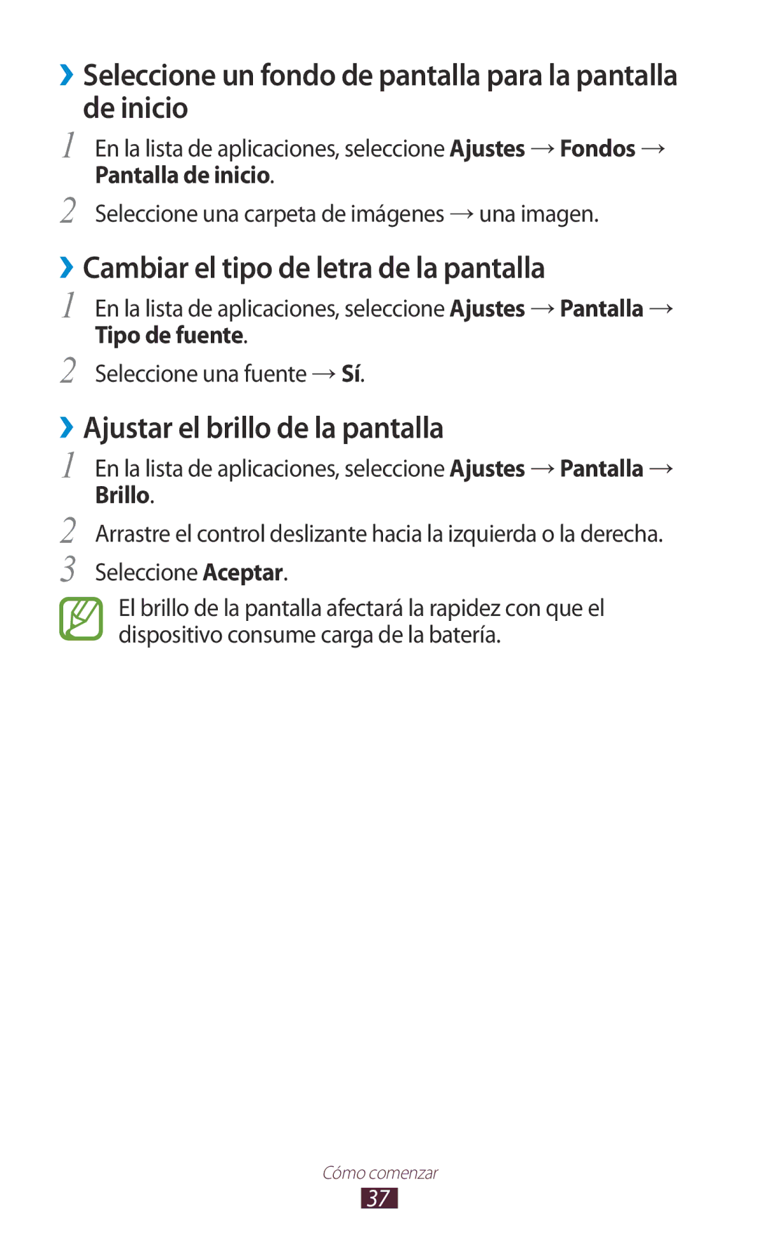 Samsung GT-S7560UWATIM manual De inicio, ››Cambiar el tipo de letra de la pantalla, ››Ajustar el brillo de la pantalla 