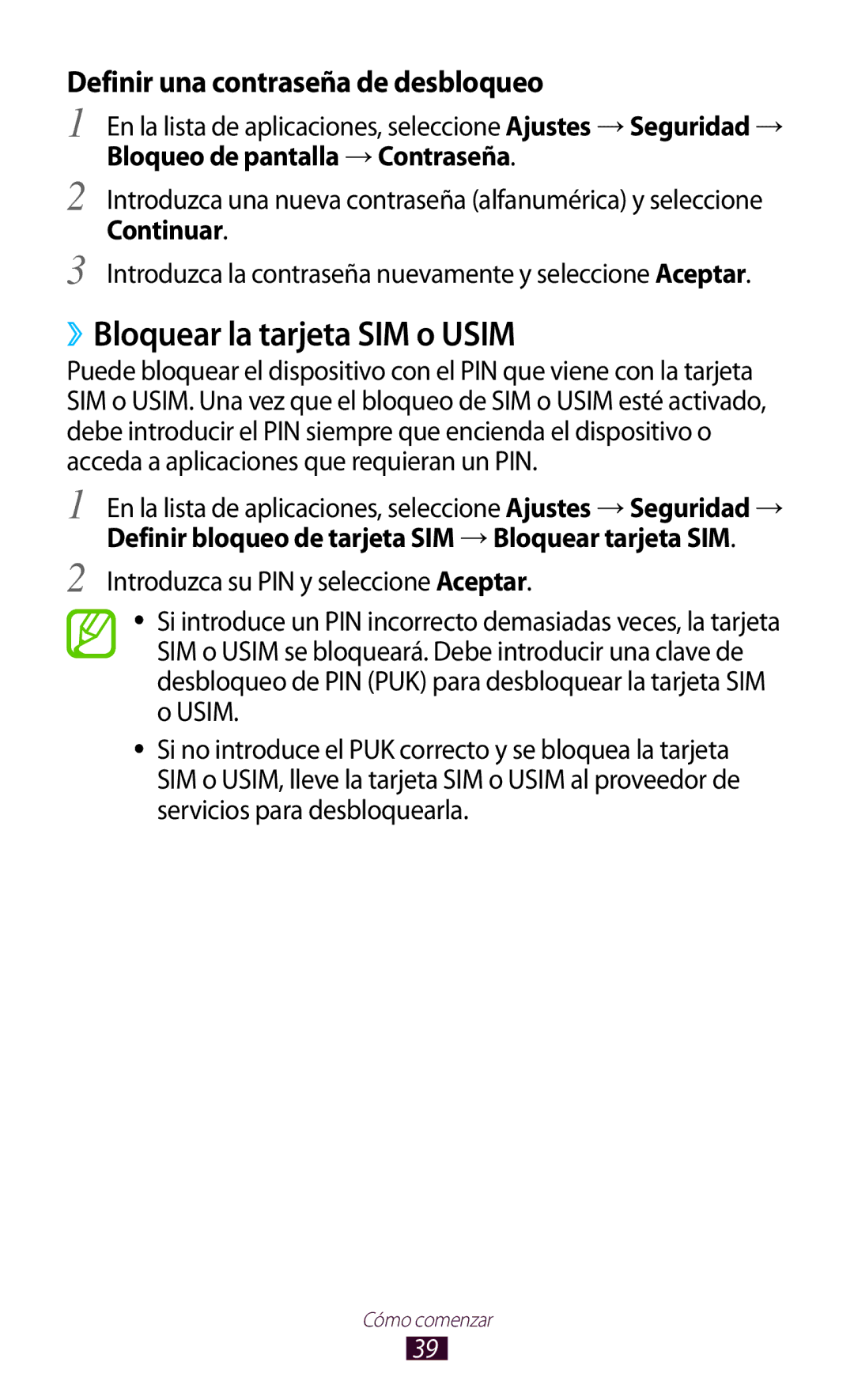 Samsung GT-S7560ZKASEB, GT-S7560ZKAXEO manual ››Bloquear la tarjeta SIM o Usim, Definir una contraseña de desbloqueo 