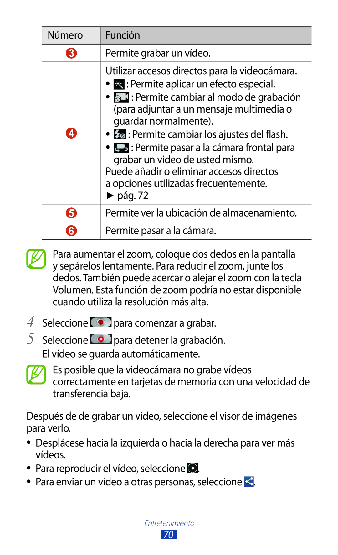 Samsung GT-S7560UWAPHE, GT-S7560ZKAXEO manual Número Función Permite grabar un vídeo, Seleccione para comenzar a grabar 