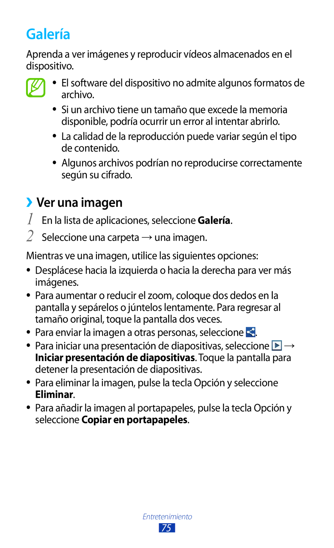 Samsung GT-S7560ZKASEB, GT-S7560ZKAXEO manual Galería, ››Ver una imagen, Para enviar la imagen a otras personas, seleccione 