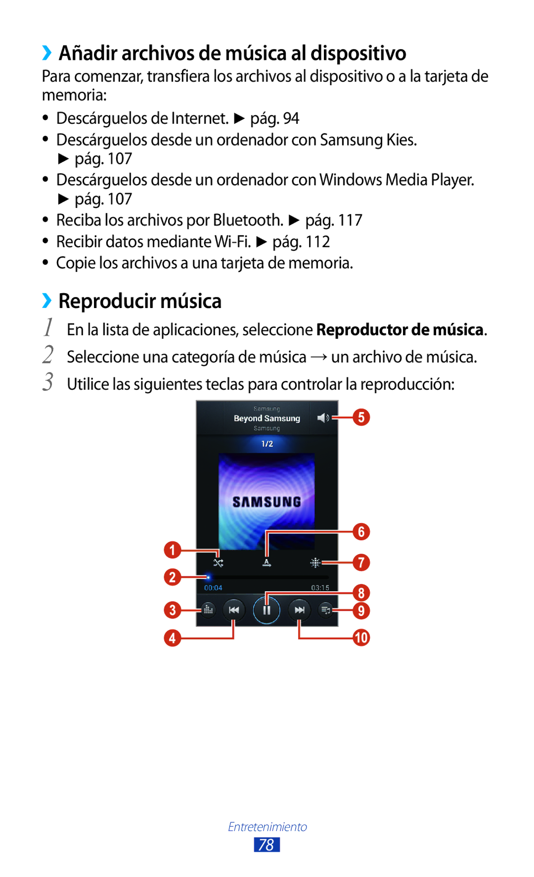 Samsung GT-S7560UWAATL, GT-S7560ZKAXEO, GT-S7560UWATIM manual ››Añadir archivos de música al dispositivo, ››Reproducir música 