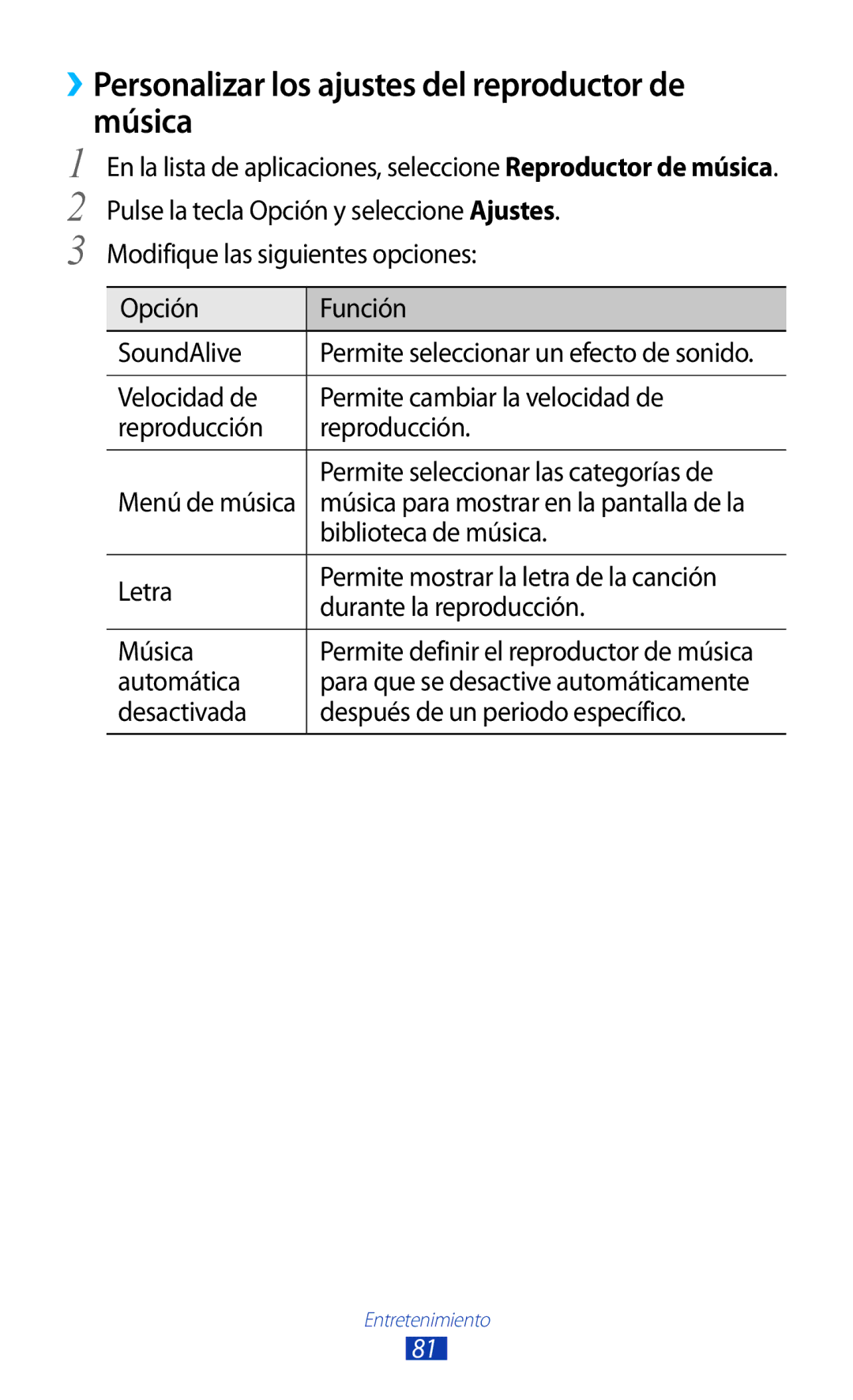 Samsung GT-S7560ZKAATL manual ››Personalizar los ajustes del reproductor de Música, Biblioteca de música, Automática 