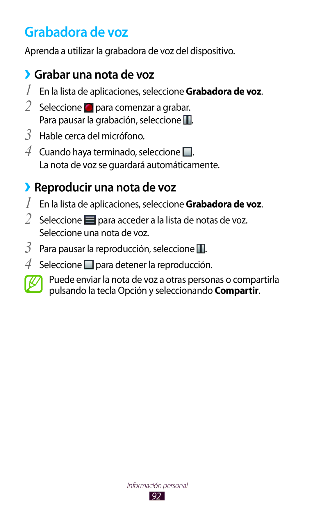 Samsung GT-S7560UWANEE, GT-S7560ZKAXEO, GT-S7560UWATIM Grabadora de voz, Grabar una nota de voz, Reproducir una nota de voz 