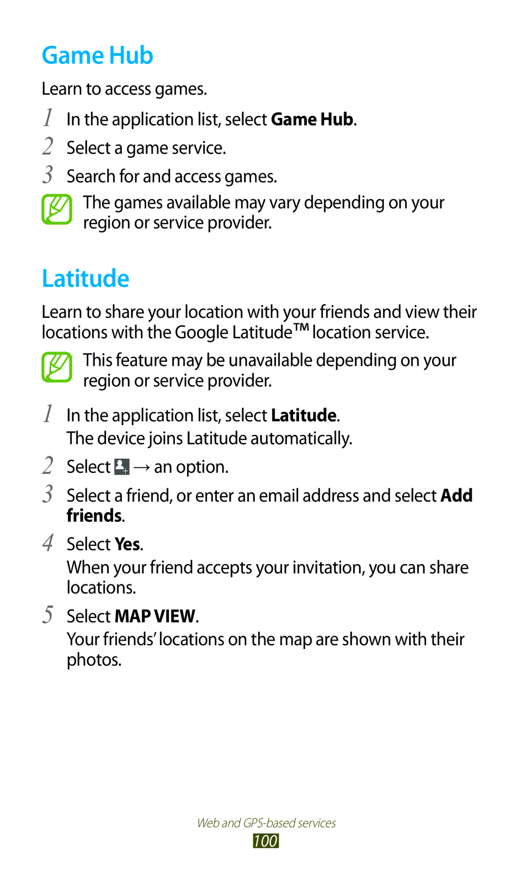 Samsung GT-S7562 user manual Game Hub, Latitude, Friends 