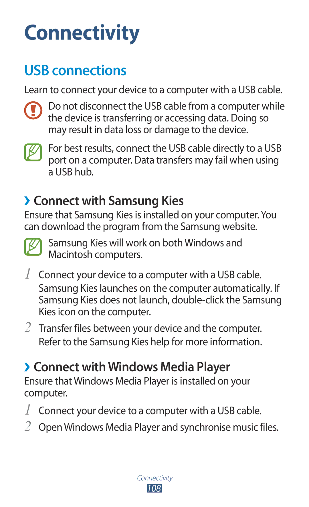 Samsung GT-S7562 user manual USB connections, ››Connect with Samsung Kies, ››Connect with Windows Media Player 