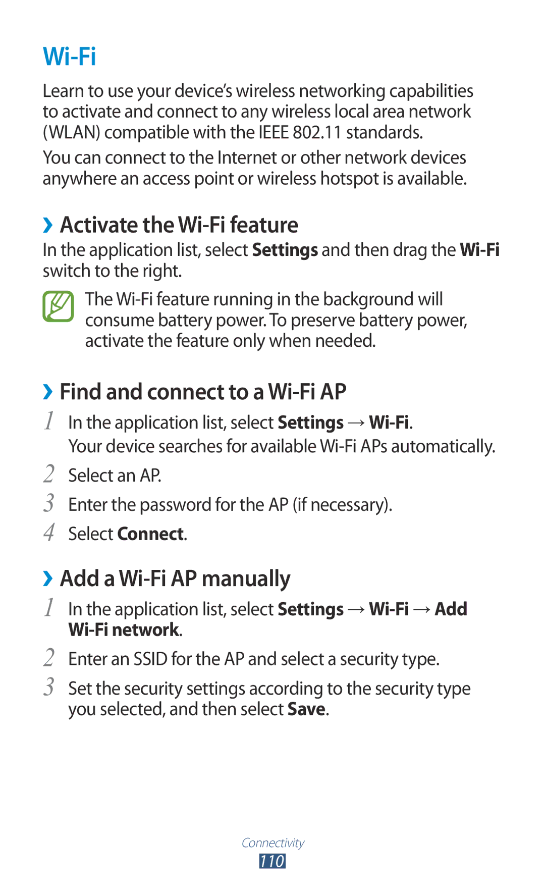 Samsung GT-S7562 user manual ››Activate the Wi-Fi feature, ››Find and connect to a Wi-Fi AP, ››Add a Wi-Fi AP manually 