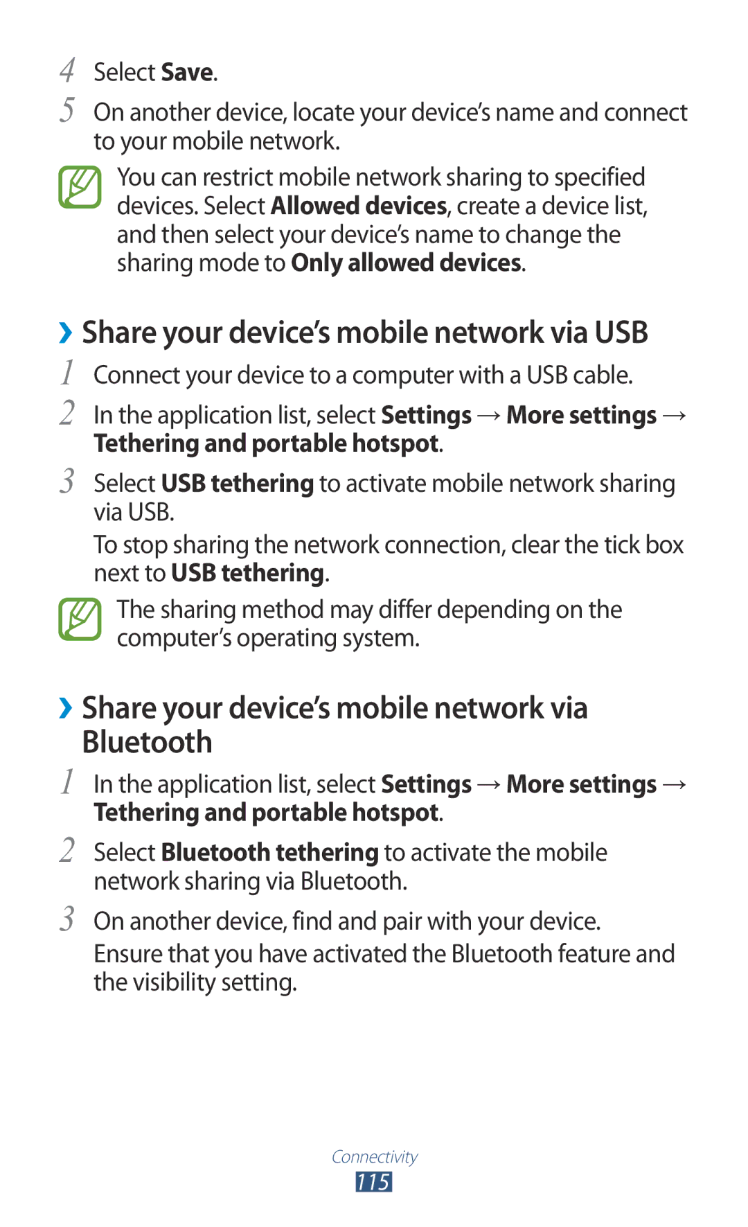 Samsung GT-S7562 user manual ››Share your device’s mobile network via Bluetooth, Tethering and portable hotspot 