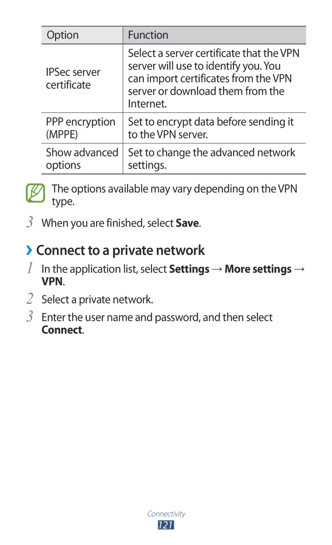 Samsung GT-S7562 ››Connect to a private network, IPSec server Server will use to identify you. You, To the VPN server 