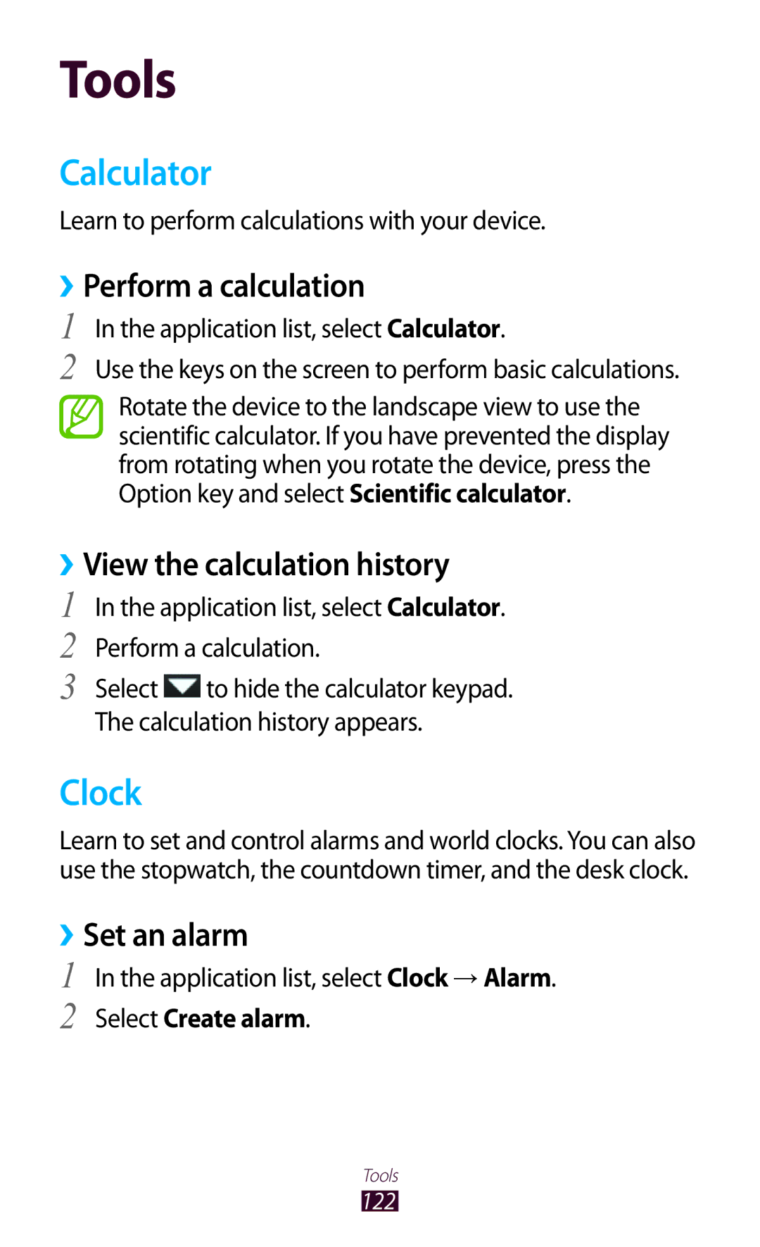 Samsung GT-S7562 user manual Calculator, Clock, ››Perform a calculation, ››View the calculation history, ››Set an alarm 