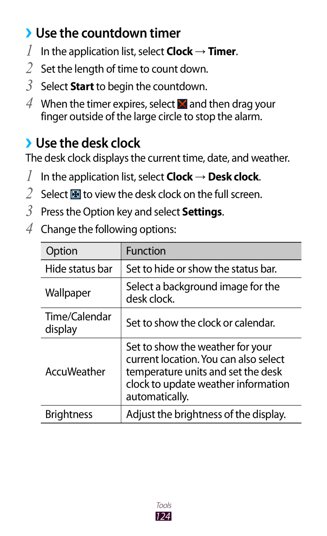 Samsung GT-S7562 user manual ››Use the countdown timer, ››Use the desk clock 