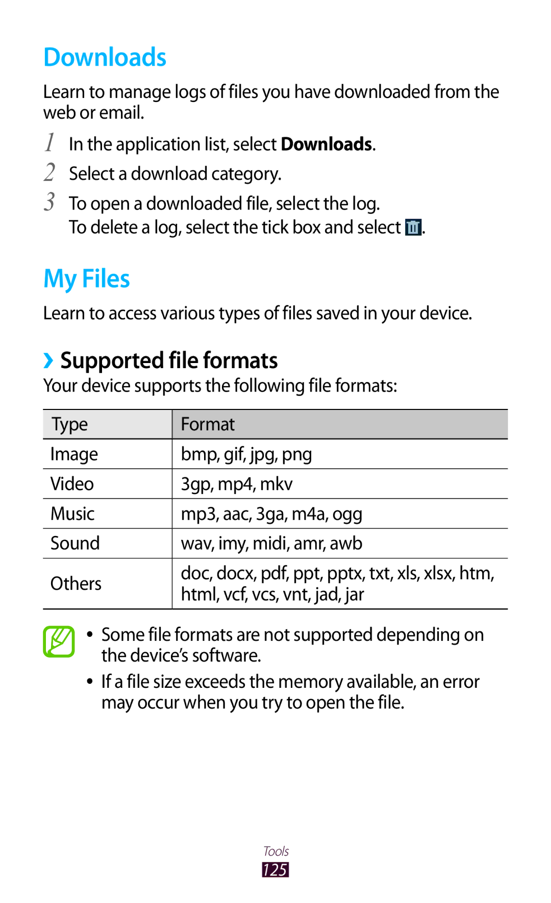 Samsung GT-S7562 user manual Downloads, My Files, ››Supported file formats 