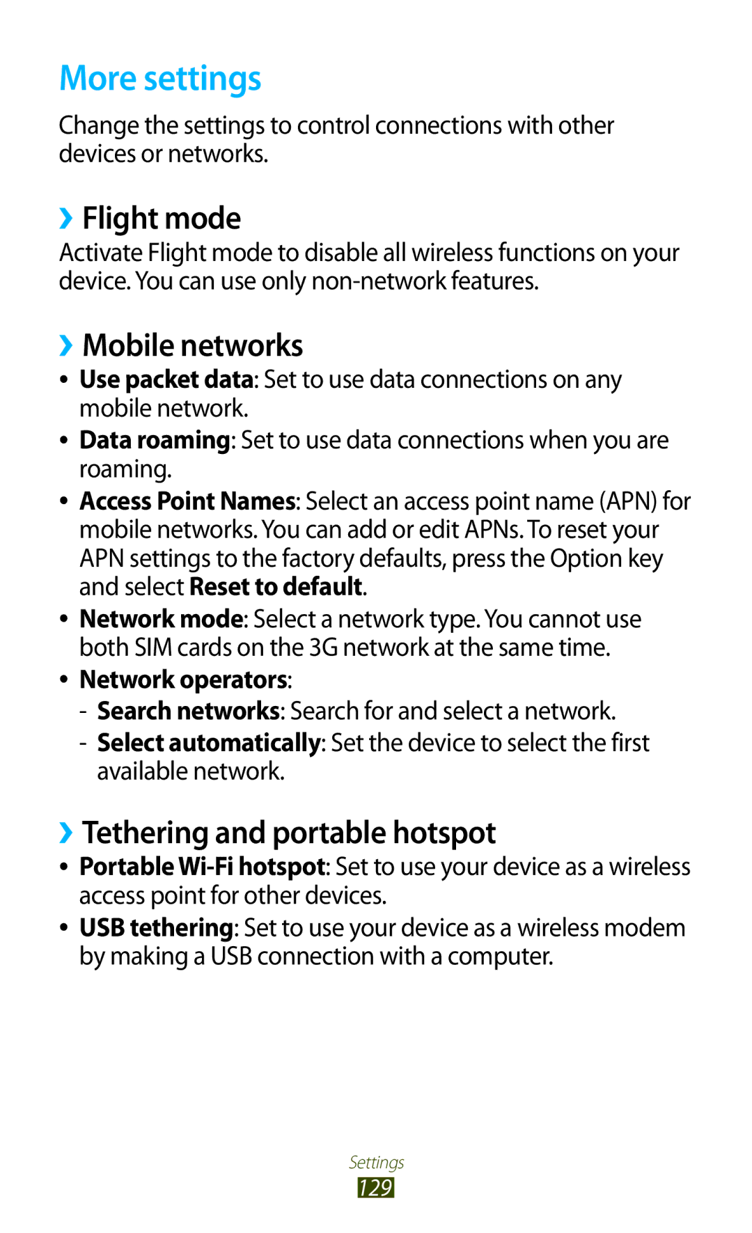 Samsung GT-S7562 More settings, ››Flight mode, ››Mobile networks, ››Tethering and portable hotspot, Network operators 