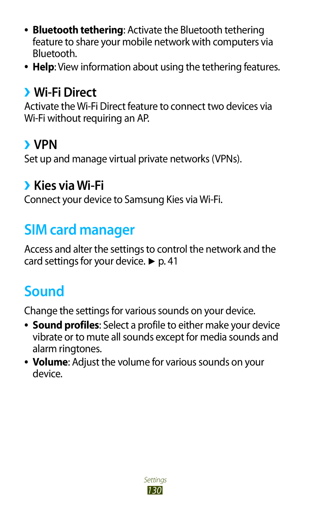 Samsung GT-S7562 user manual SIM card manager, Sound, ››Wi-Fi Direct, ››Kies via Wi-Fi 