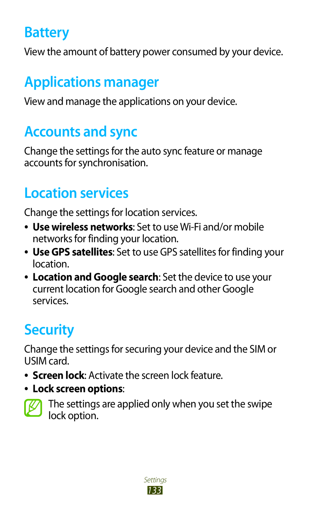 Samsung GT-S7562 user manual Battery, Applications manager, Accounts and sync, Location services, Security 