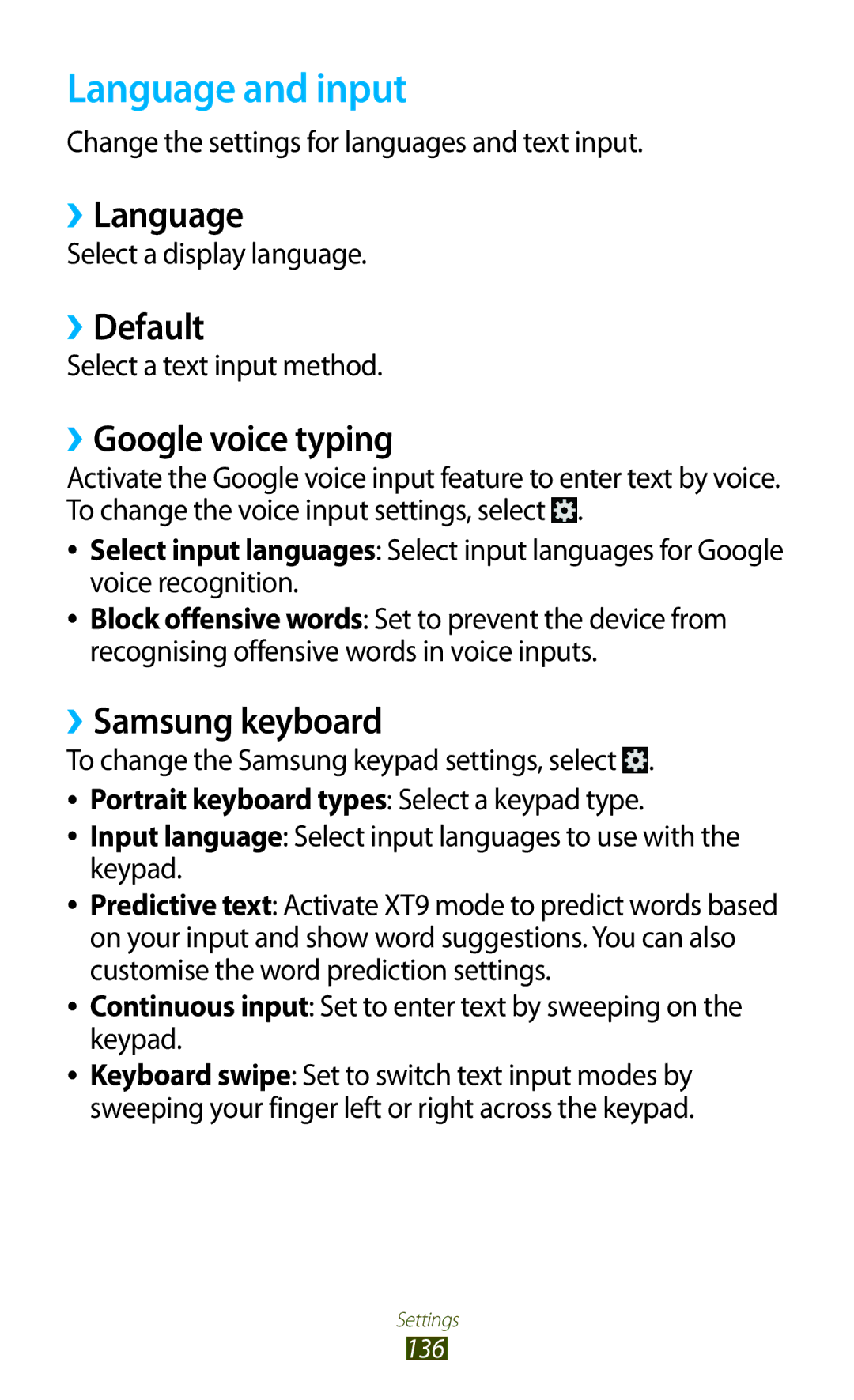 Samsung GT-S7562 user manual Language and input, ››Language, ››Default, ››Google voice typing, ››Samsung keyboard 