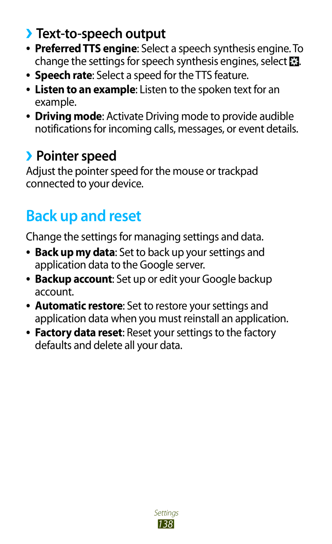 Samsung GT-S7562 user manual Back up and reset, ››Text-to-speech output, ››Pointer speed 