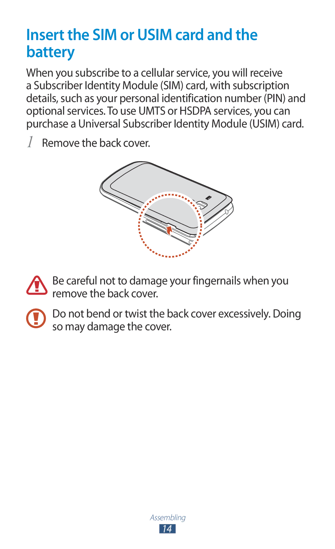 Samsung GT-S7562 user manual Insert the SIM or Usim card and the battery 