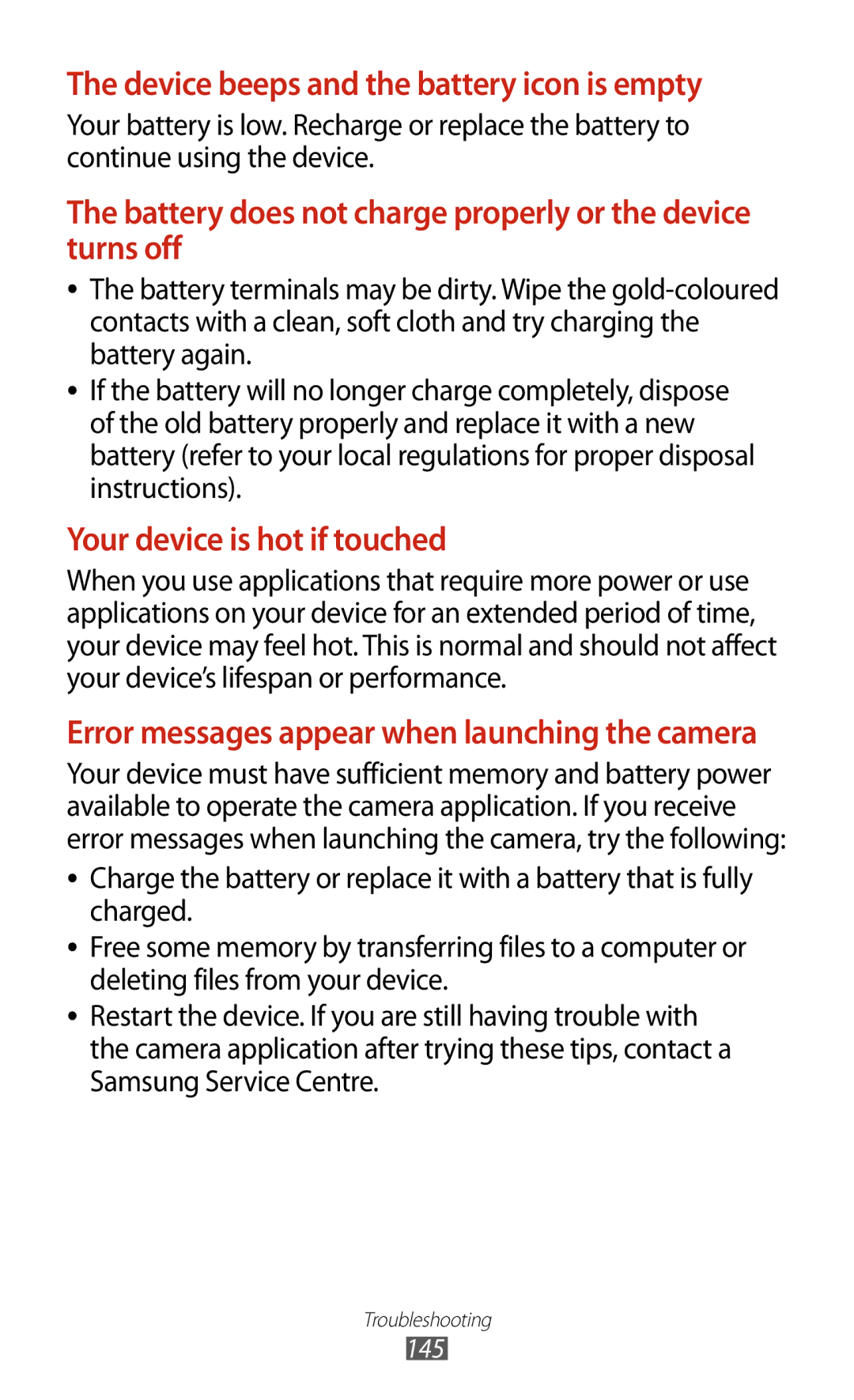 Samsung GT-S7562 user manual Device beeps and the battery icon is empty 