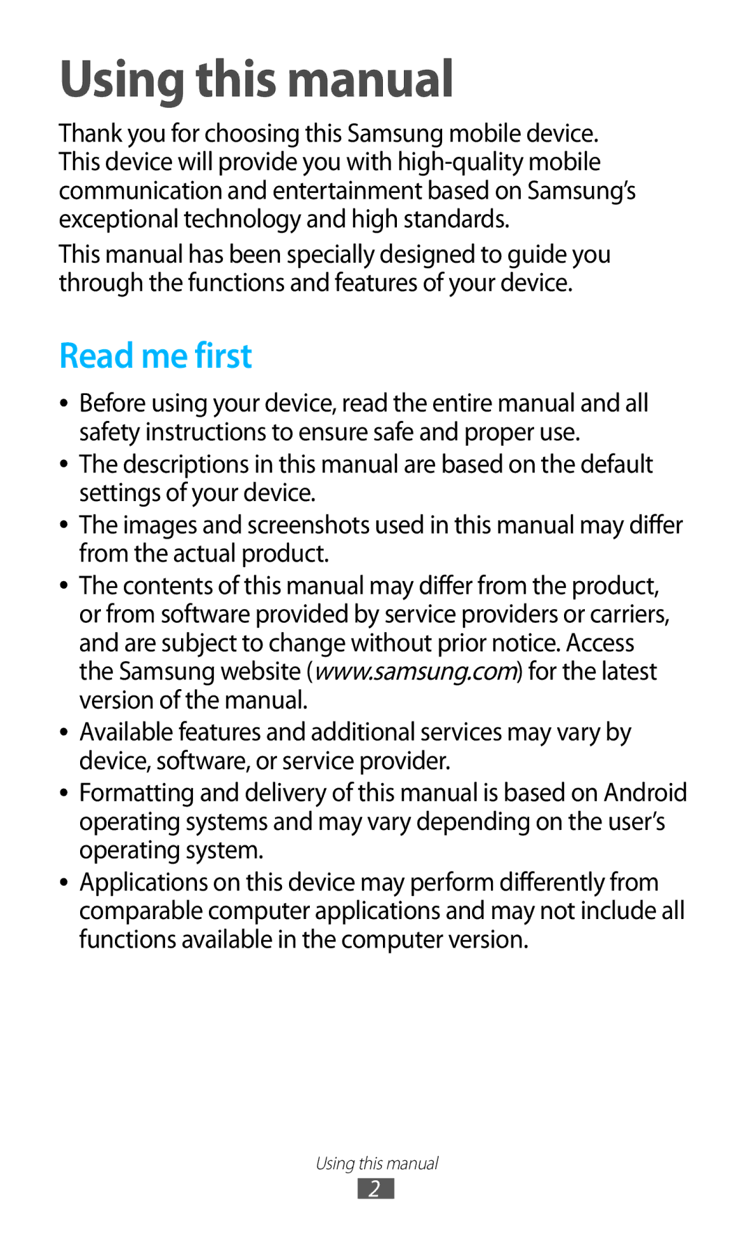 Samsung GT-S7562 user manual Using this manual, Read me first 