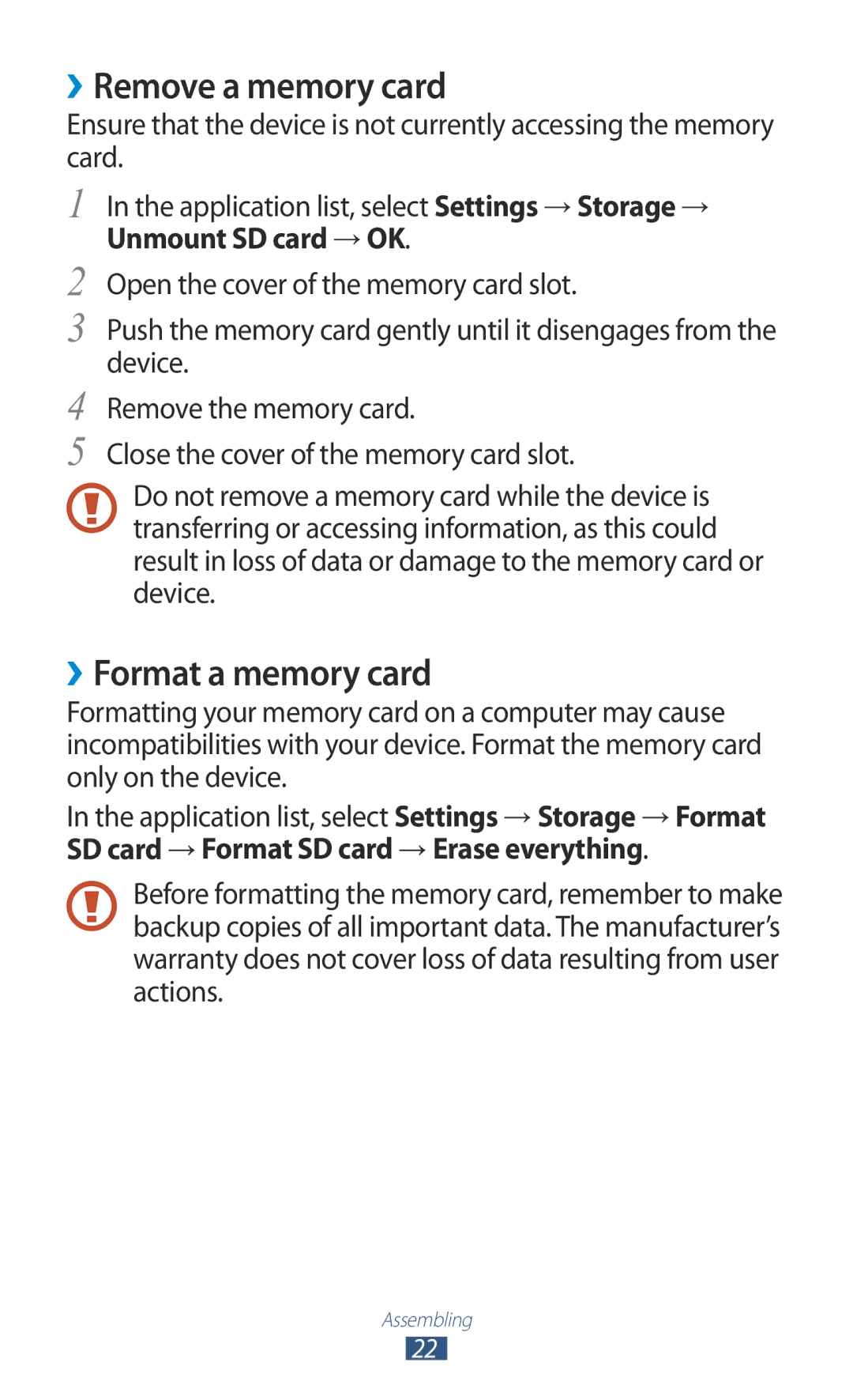 Samsung GT-S7562 user manual ››Remove a memory card, ››Format a memory card, Unmount SD card → OK 