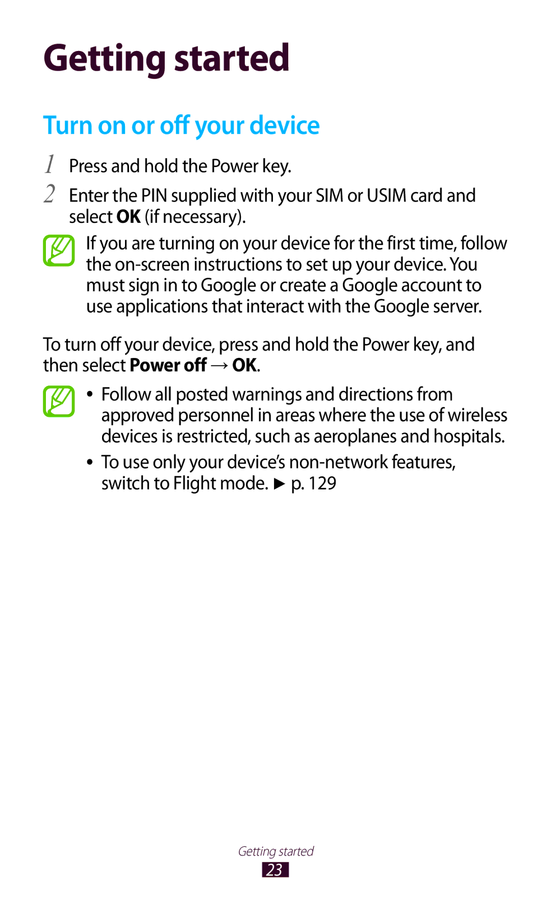 Samsung GT-S7562 user manual Getting started, Turn on or off your device 