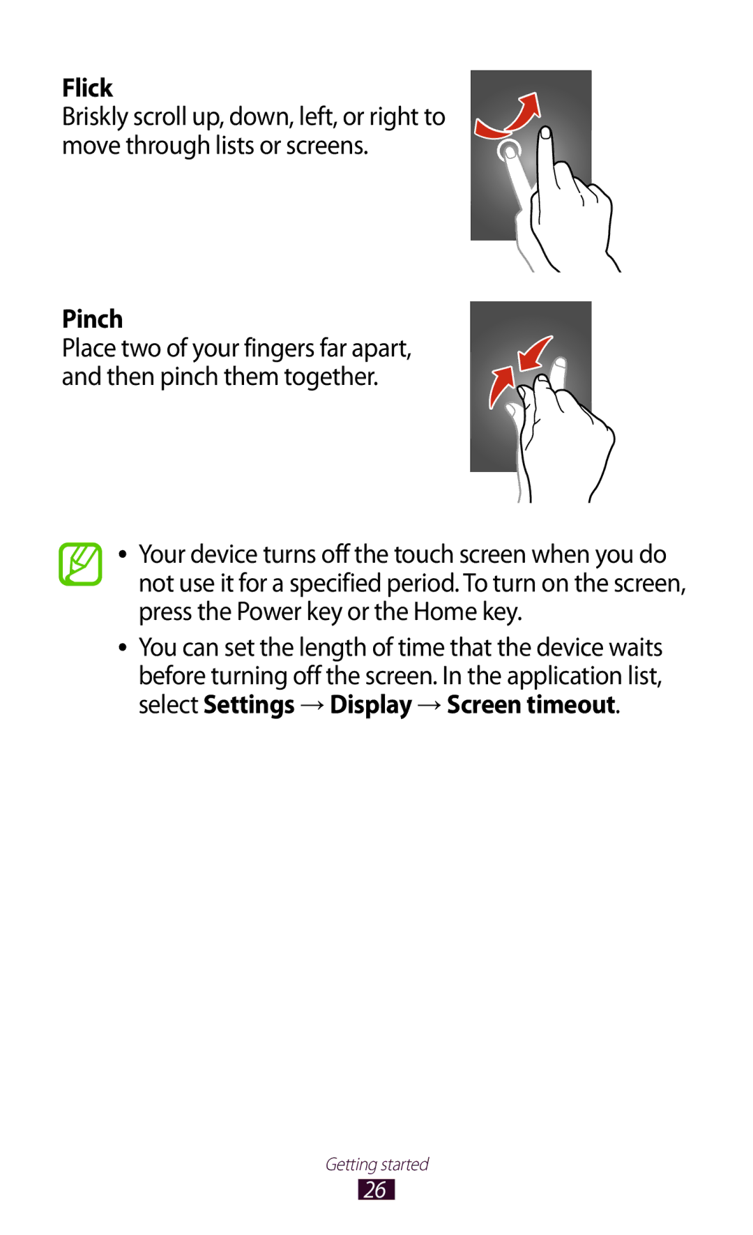 Samsung GT-S7562 user manual Flick, Pinch 