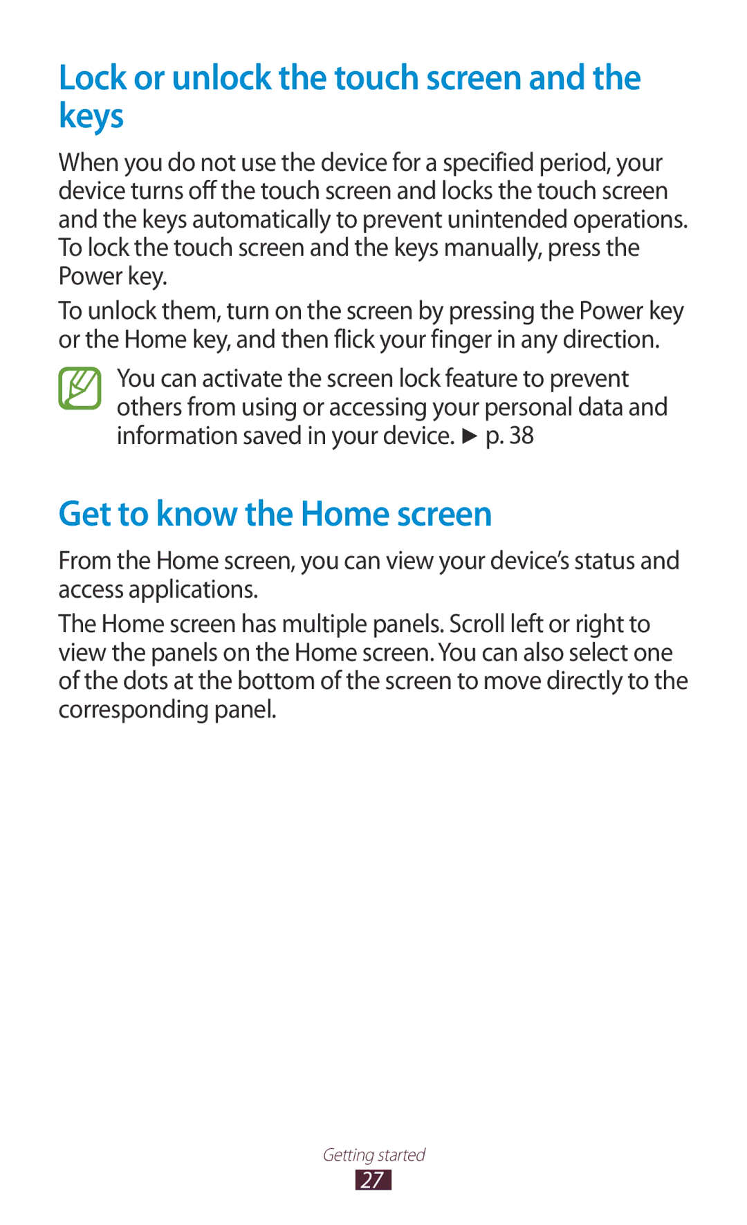 Samsung GT-S7562 user manual Lock or unlock the touch screen and the keys, Get to know the Home screen 