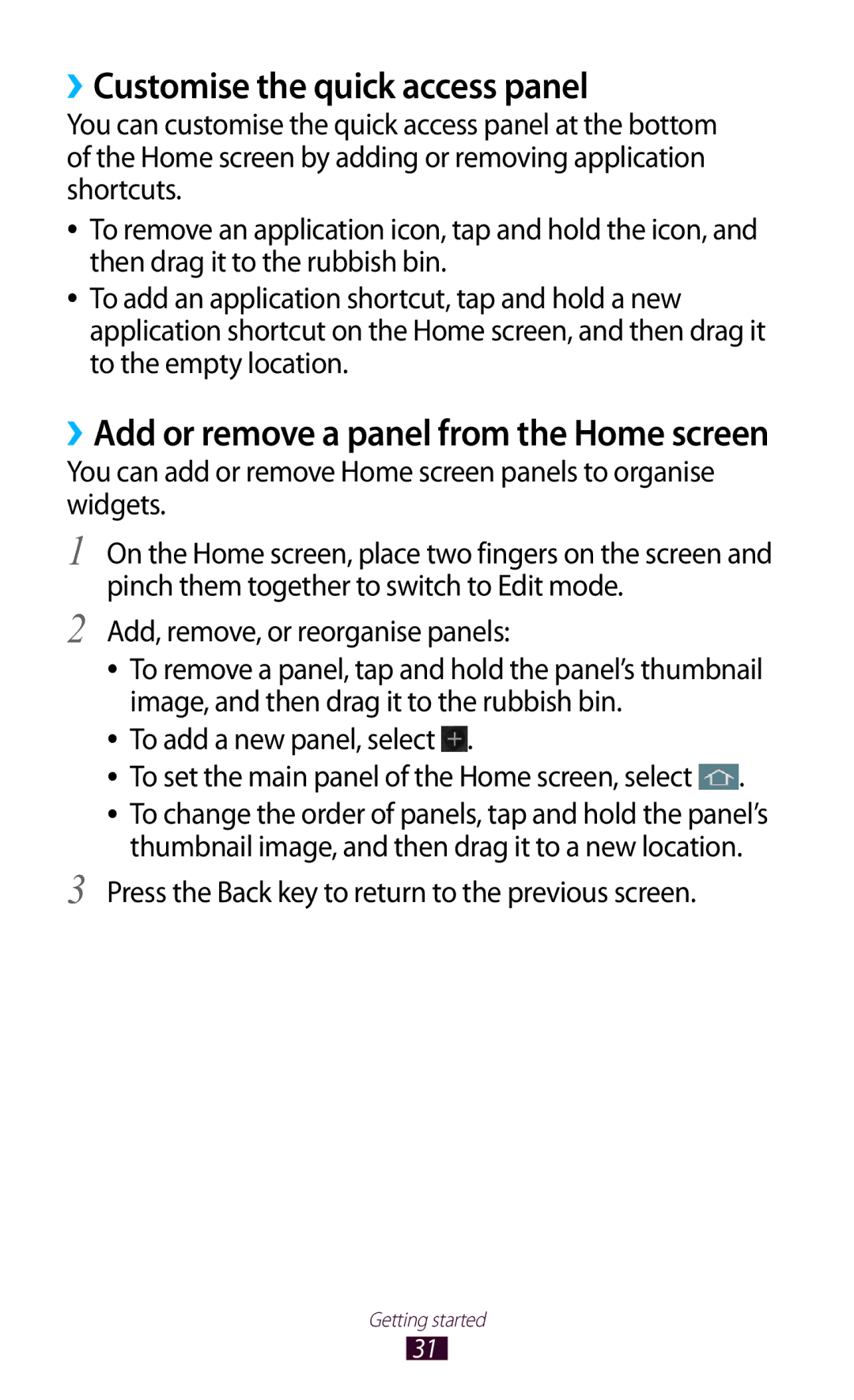 Samsung GT-S7562 user manual ››Customise the quick access panel, Add, remove, or reorganise panels 