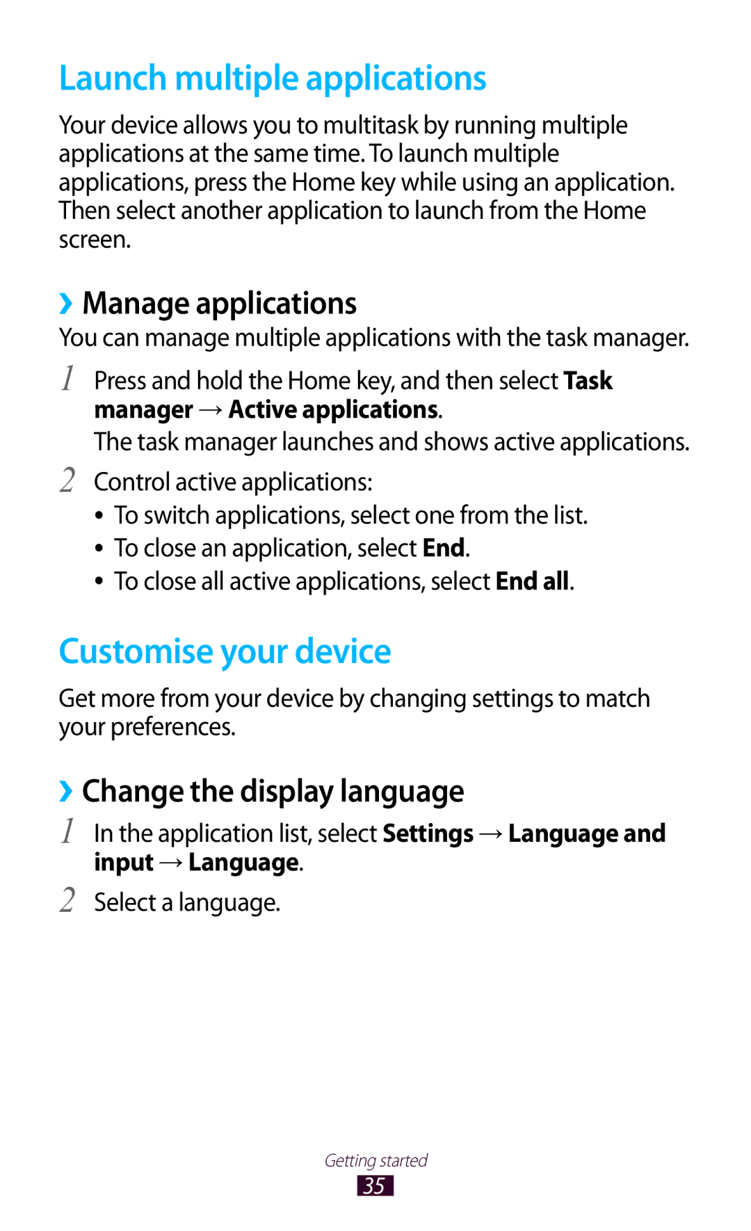 Samsung GT-S7562 Launch multiple applications, Customise your device, ››Manage applications, ››Change the display language 